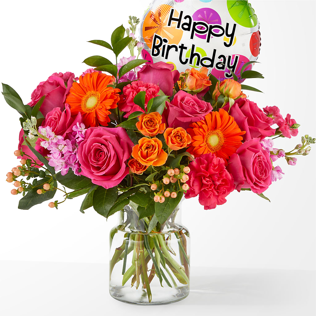 Fiesta Bouquet with Birthday Balloon – Hummelstown Flowers, Hummelstown PA