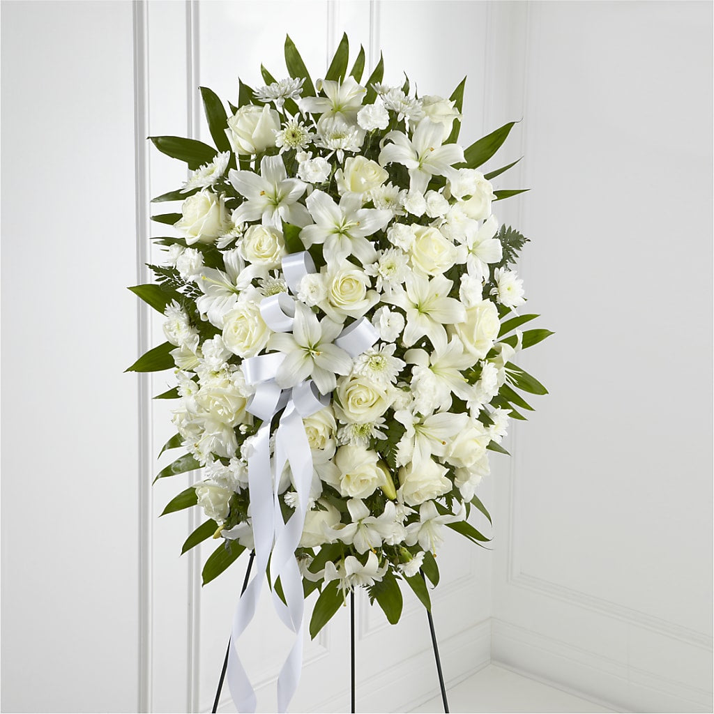 Exquisite Tribute Standing Spray-White Ribbon – Hummelstown Flowers, Hummelstown PA