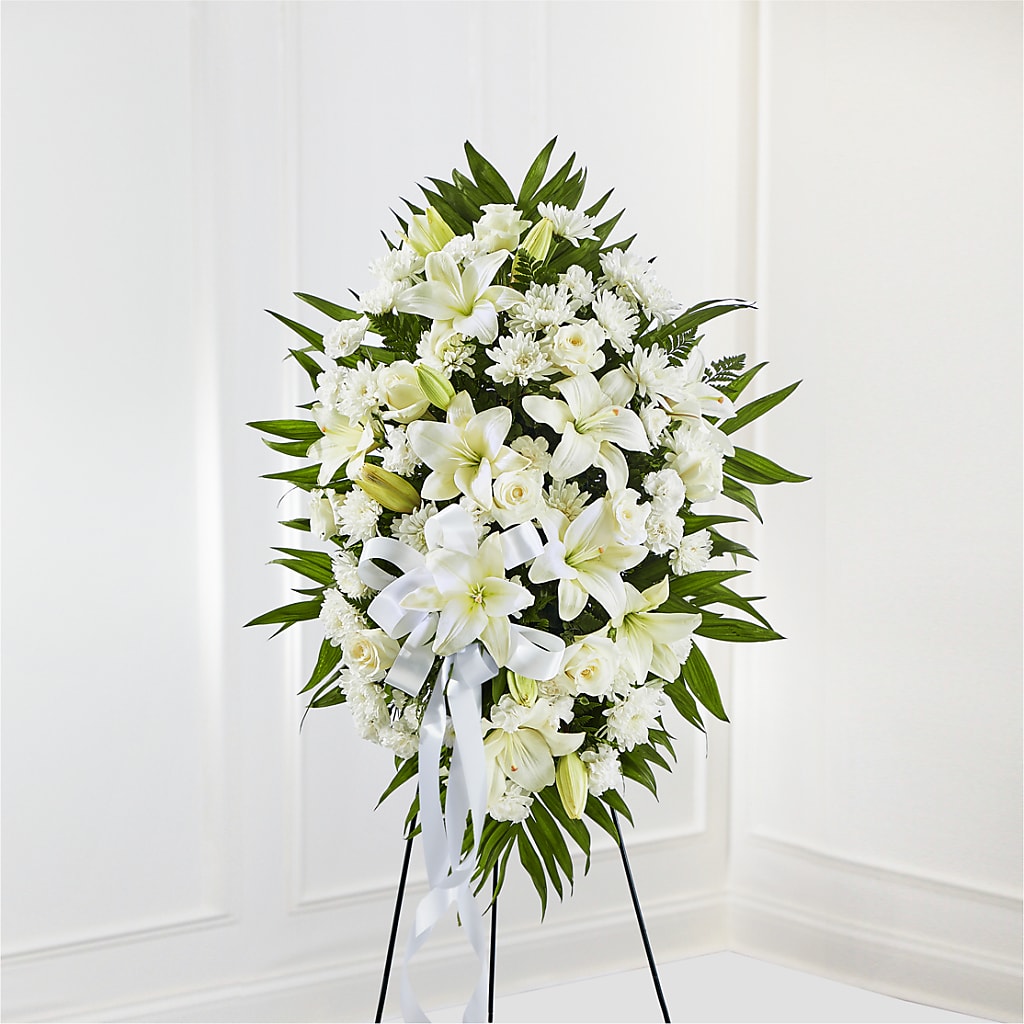 Exquisite Tribute Standing Spray-White Ribbon – Hummelstown Flowers, Hummelstown PA