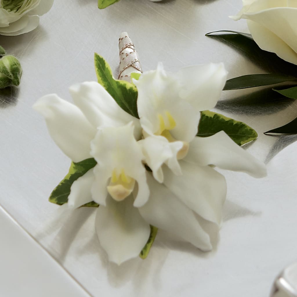 White Mini Cymbidium Boutonniere – Hummelstown Flowers, Hummelstown PA
